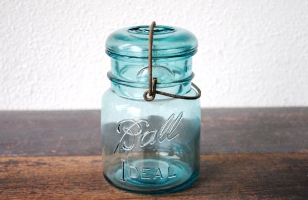 Aqua Blue Ball Mason Ideal Jar, Fruit Canning Antique Industrial Glass One Pint, Wire Bail Lightning Lid