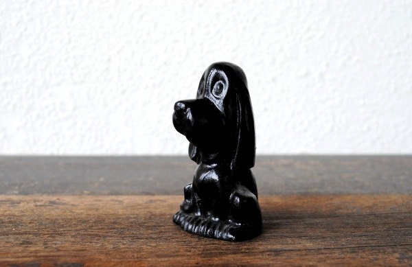Vintage Black Lacquer Hound Dog Figurine, Hand Carved Wood Resin Animal