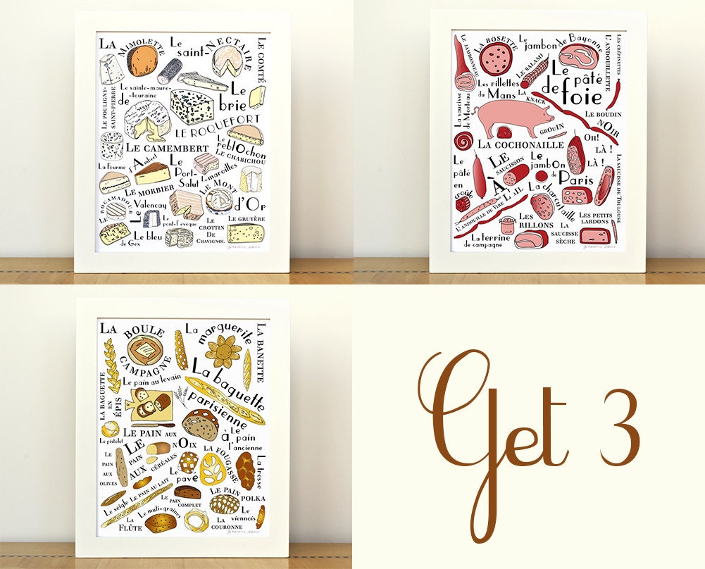 Kitchen Art Posters French Food Craft 3 8x10 art prints Home Decor Cheese lover bread meat gourmet