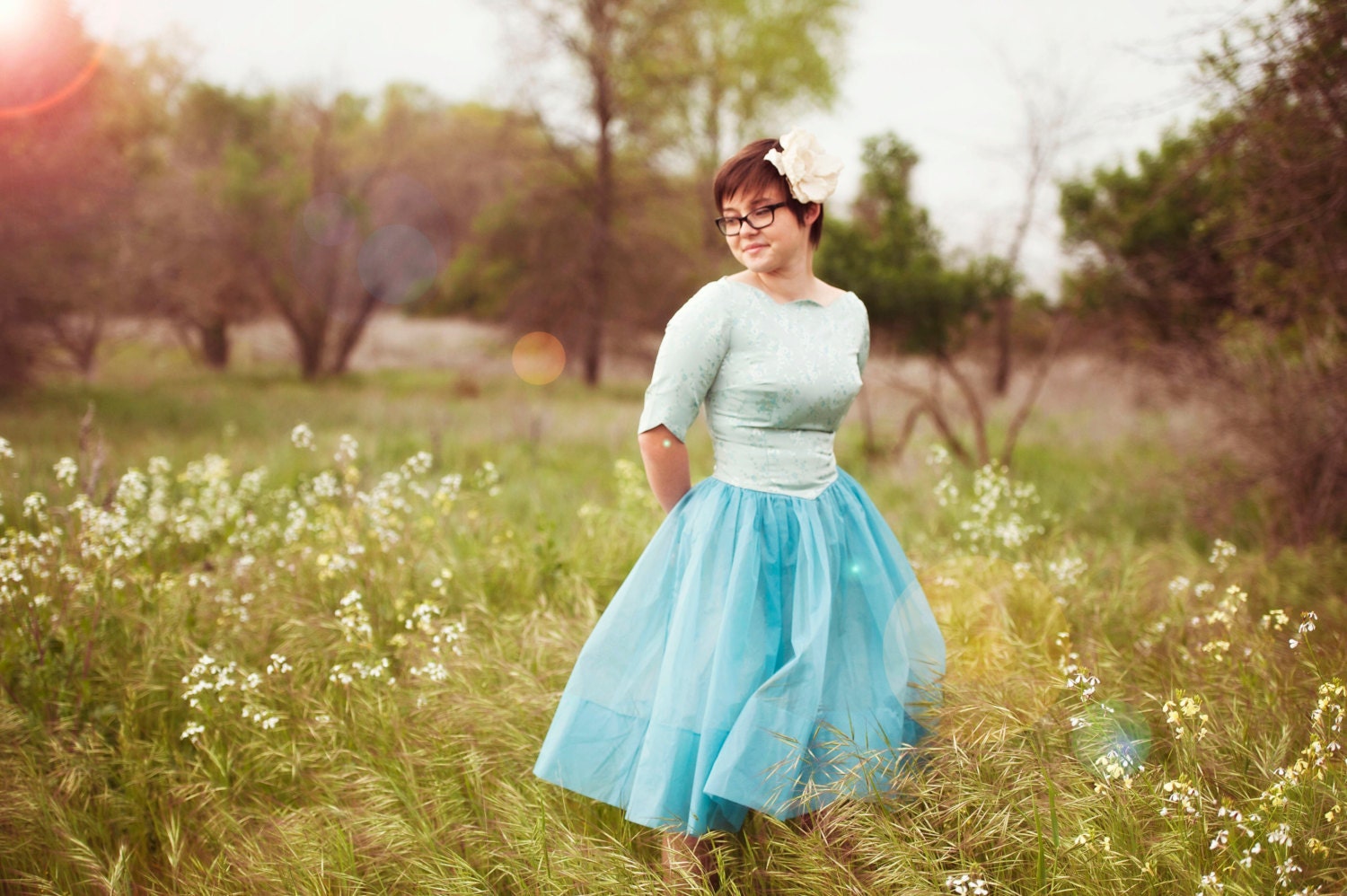 petite Retro womens 1950s 1960s blue dress with tulle over skirt