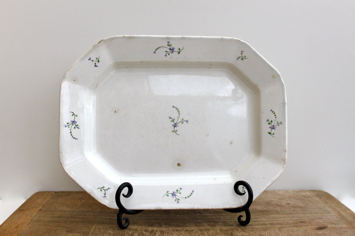 Antique white ironstone platter with "Spring"Pattern