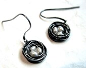 Easter, Miniature, Realistic, Sterling Silver, Fertility Bird Nest w/ Pearls Eggs, Organic, Nature, Wedding Jewelry, Earrings