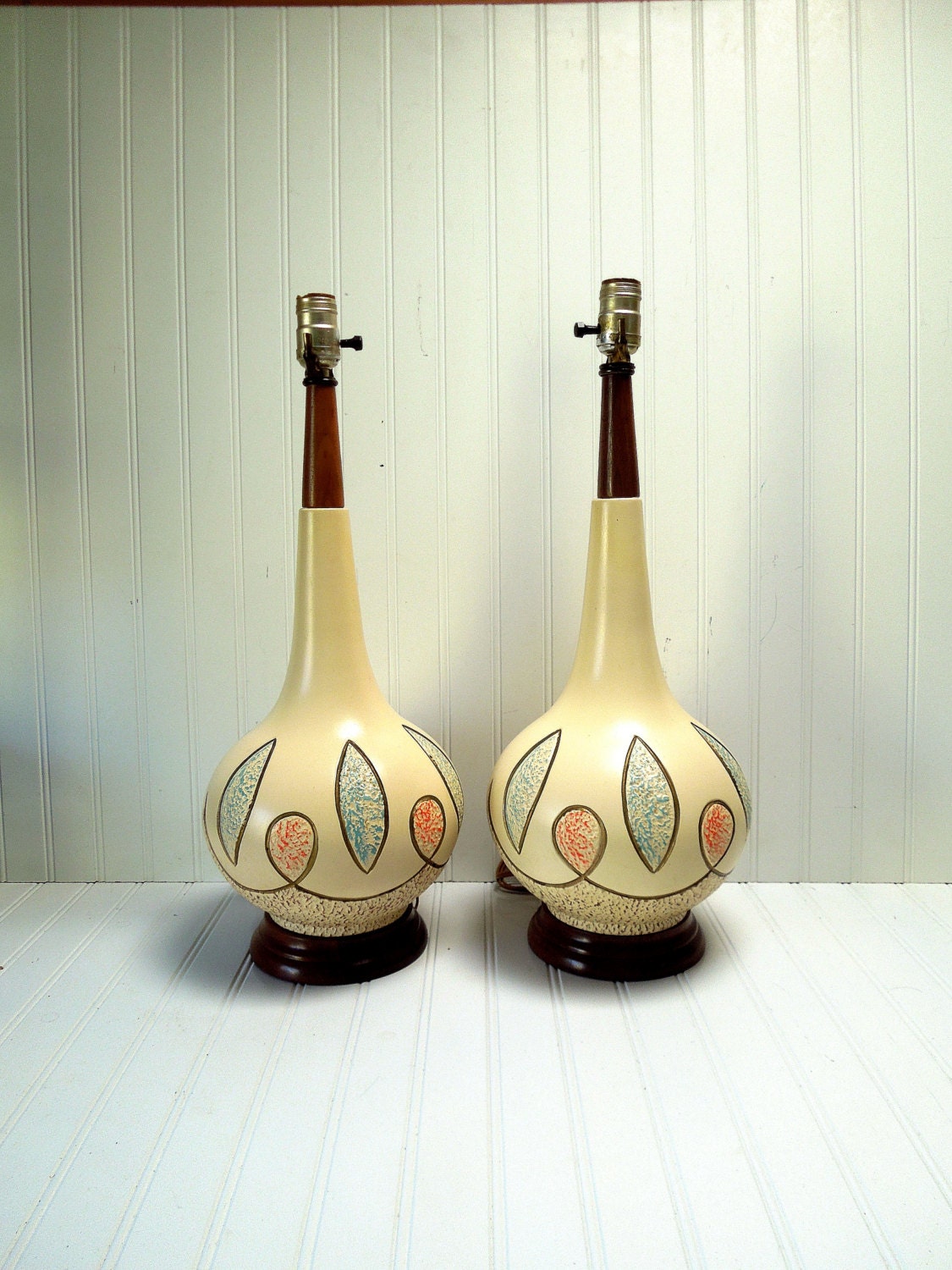 SALE Mid Century Lamp Pair Vintage Danish Modern Ceramic Teak Wood Lamps