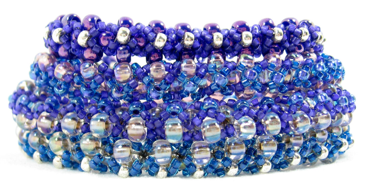 Beaded Fexlible Bracelet Bangle Violet Royal Purple Silver - VioletJewelry