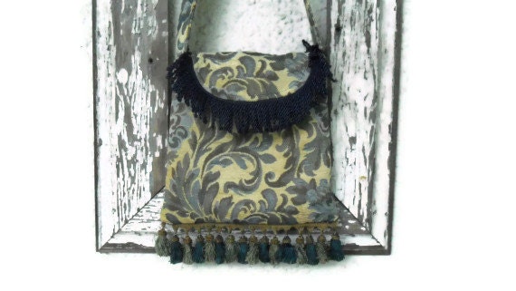 Victorian Bohemian Bag Purse Blue Floral Fringe