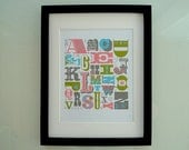 Alphabet Art Print, Letterpress Style, 8 x 10, Gray Pink Green Blue Shabby Cottage Chic