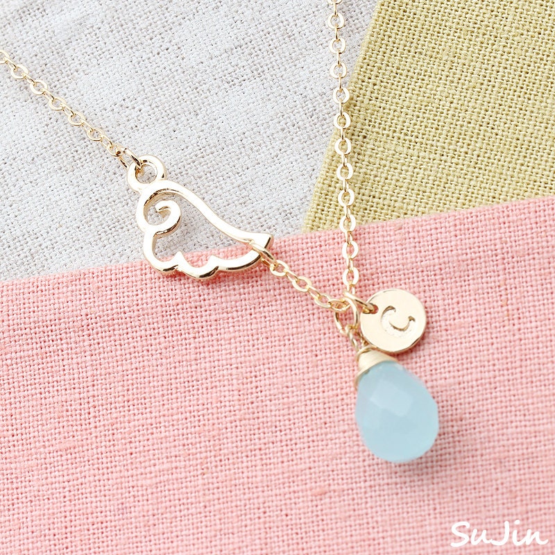 Angel Wing Connector with Personalized Round Initial Pendants with Mint Clystal Cut Teardrop,  Necklace