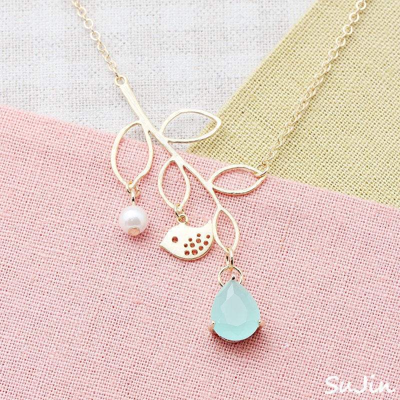 10%SALE) Leaf Branch with Small Sparrow, a Pearl and Mint CZ, Necklace
