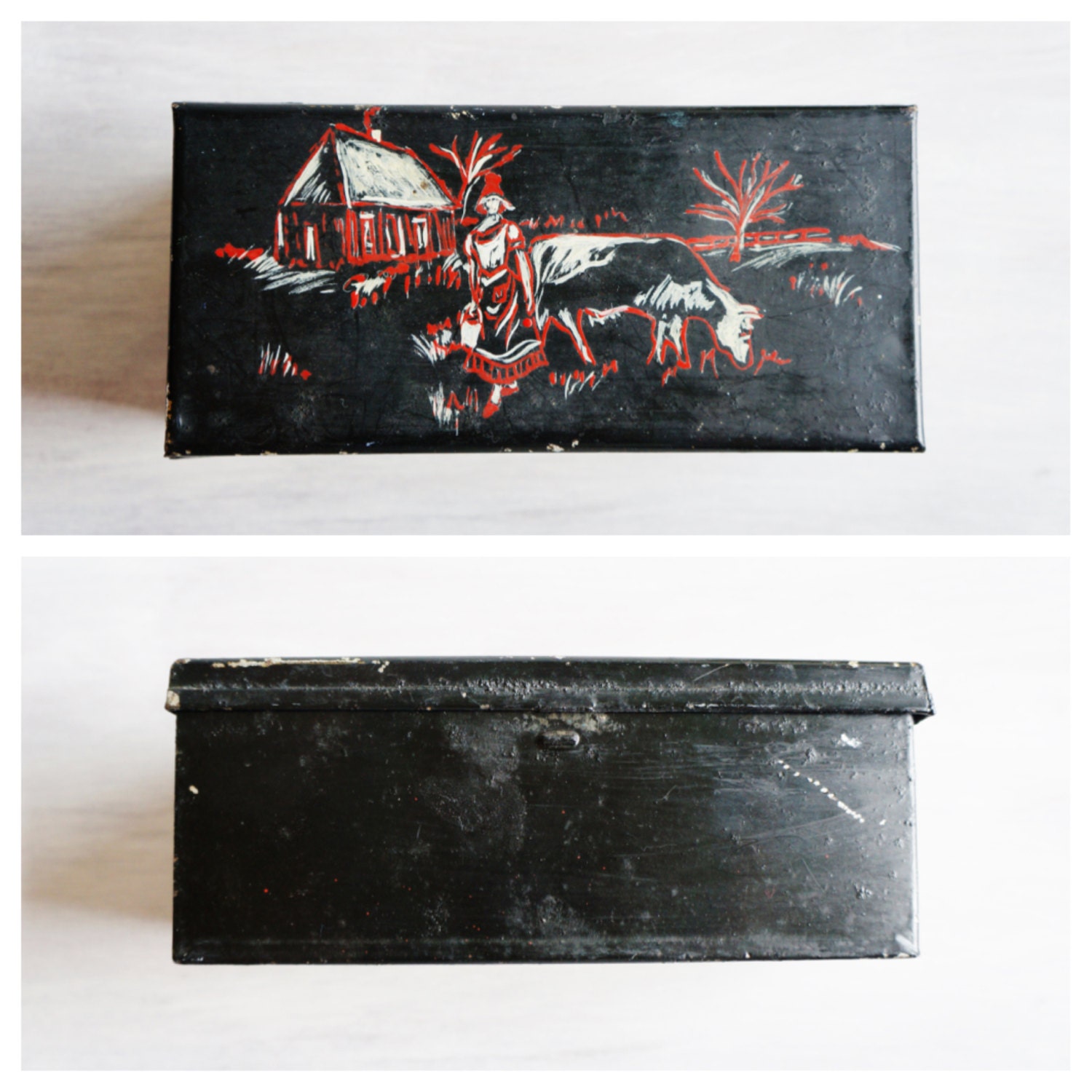 Vintage Handpainted Metal Box, Black Western- Free Shipping