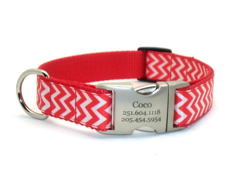Chevron Stripe Dog Collar with Laser Engraved Personalized Buckle - RED