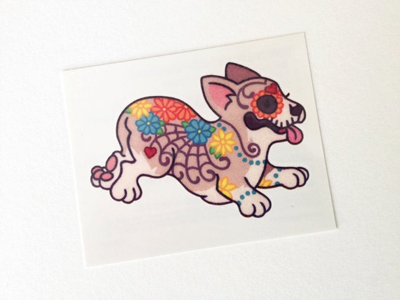 Temporary Tattoo Corgi Day of the Dead / Dia de los Muertos / Halloween Sugar Skull
