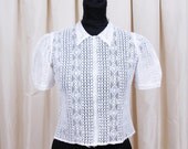 1930's Blouse // White Lace Puff Sleeve Top