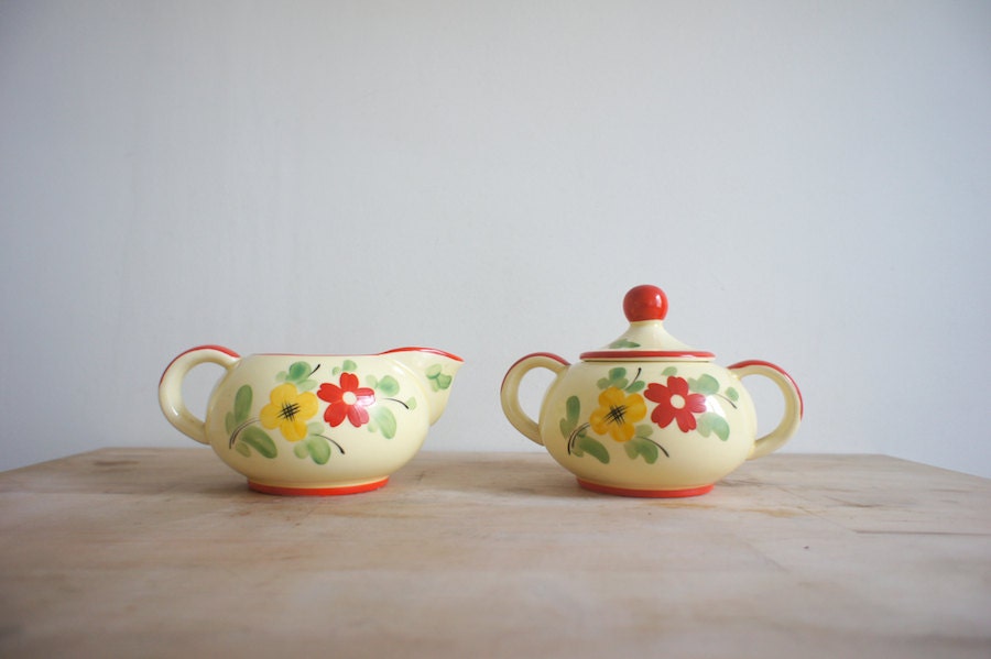 Vintage Cream & Sugar Set // 1950 Czechoslovakia // Floral // Summer Flowers // Bright Orange Yellow Green // Country Home Decor / Folk