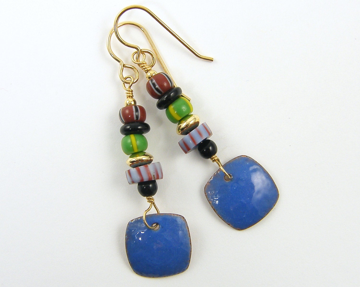 Blue Earrings -Tribal Blue Enamel Colorful Trade Bead Boho Dangle Jewelry