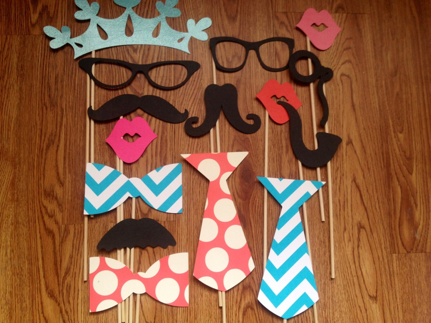 Wedding Photobooth Props - Photo Props - Wedding Photo props - Set of 15 - Coral and Turquoise Hipster  Set