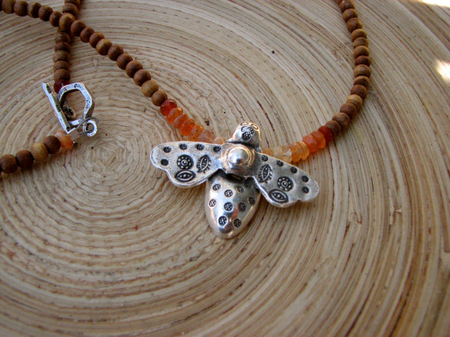 Honeybee and Mexican fire opal modern mala necklace with 108 sandalwood beads // bee necklace