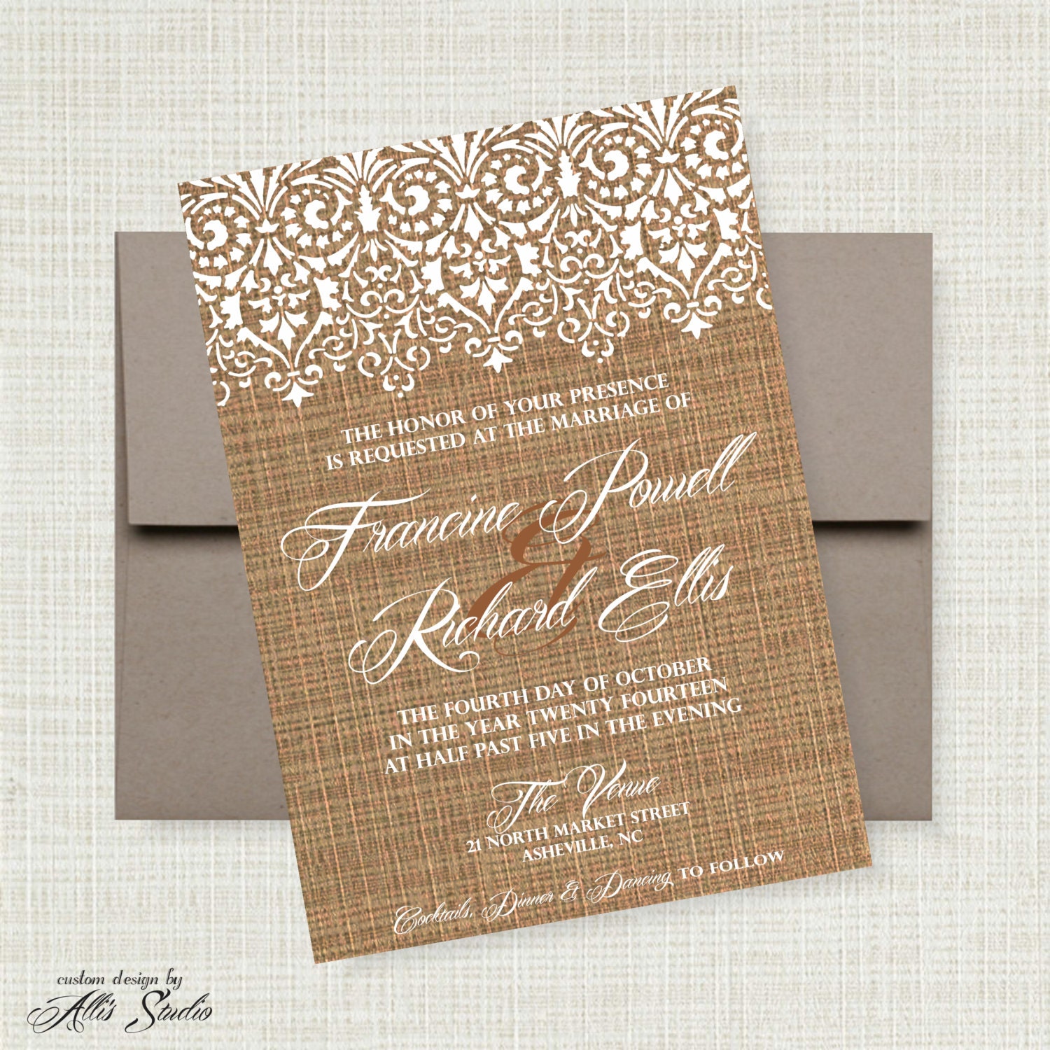 French Lace & Flax Wedding Invitation Suite: 5x7 Invitation, RSVP Card, Envelopes, Cottage Chic, Shabby Chic