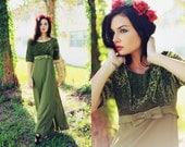 1960s Olive Green Velvet Bow Empire Maxi Dress