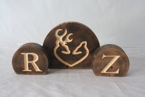Rustic Wedding Wood Cake Topper Set with buck and doe heart