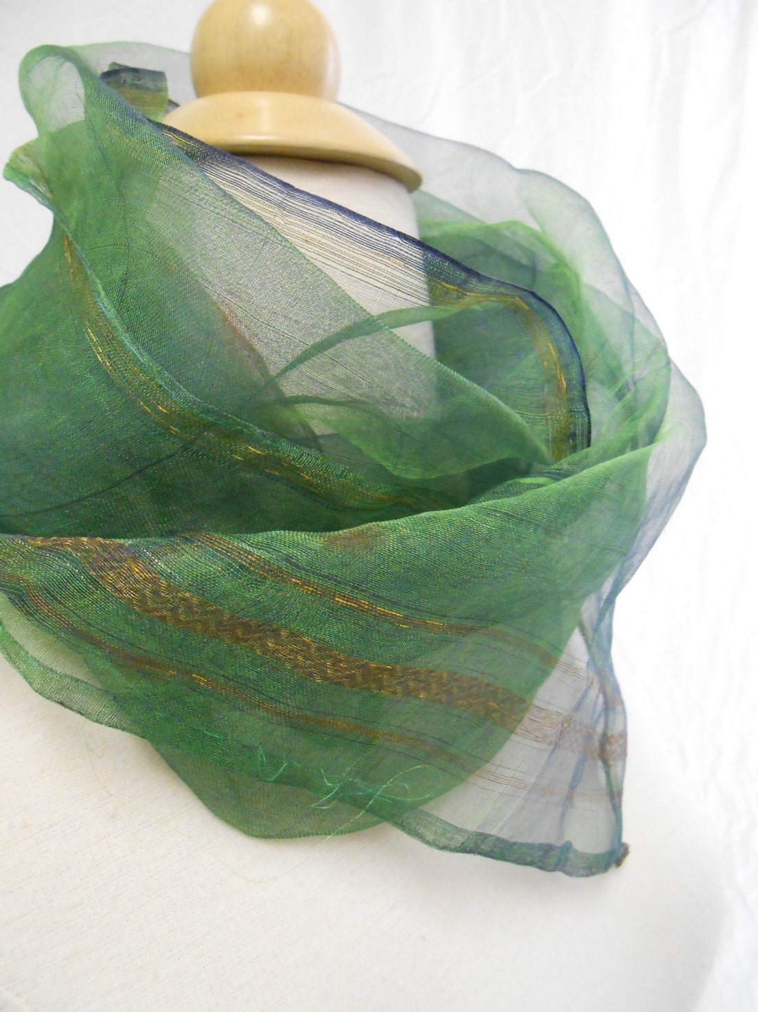 Sheer Metallic Peacock Chiffon Scarf / Long Scarf 45 x 16"