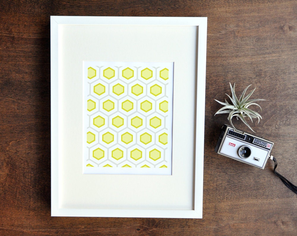 8x10 Honeycomb Art Print - Yellow and Gray