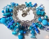 Bracelet -Altered art  LOVE A Rainy day- Bohemian Gypsy Blue charm bracelet  Boho Shabby Upcycled OOAK New