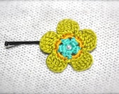 Crochet Flower Hair Pin, Green, Yellow, Teal