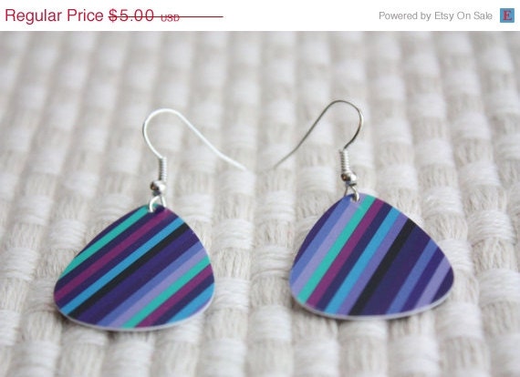 ON SALE Guitar Pick Earrings Stripes Handmade Upcycled Gift Card
