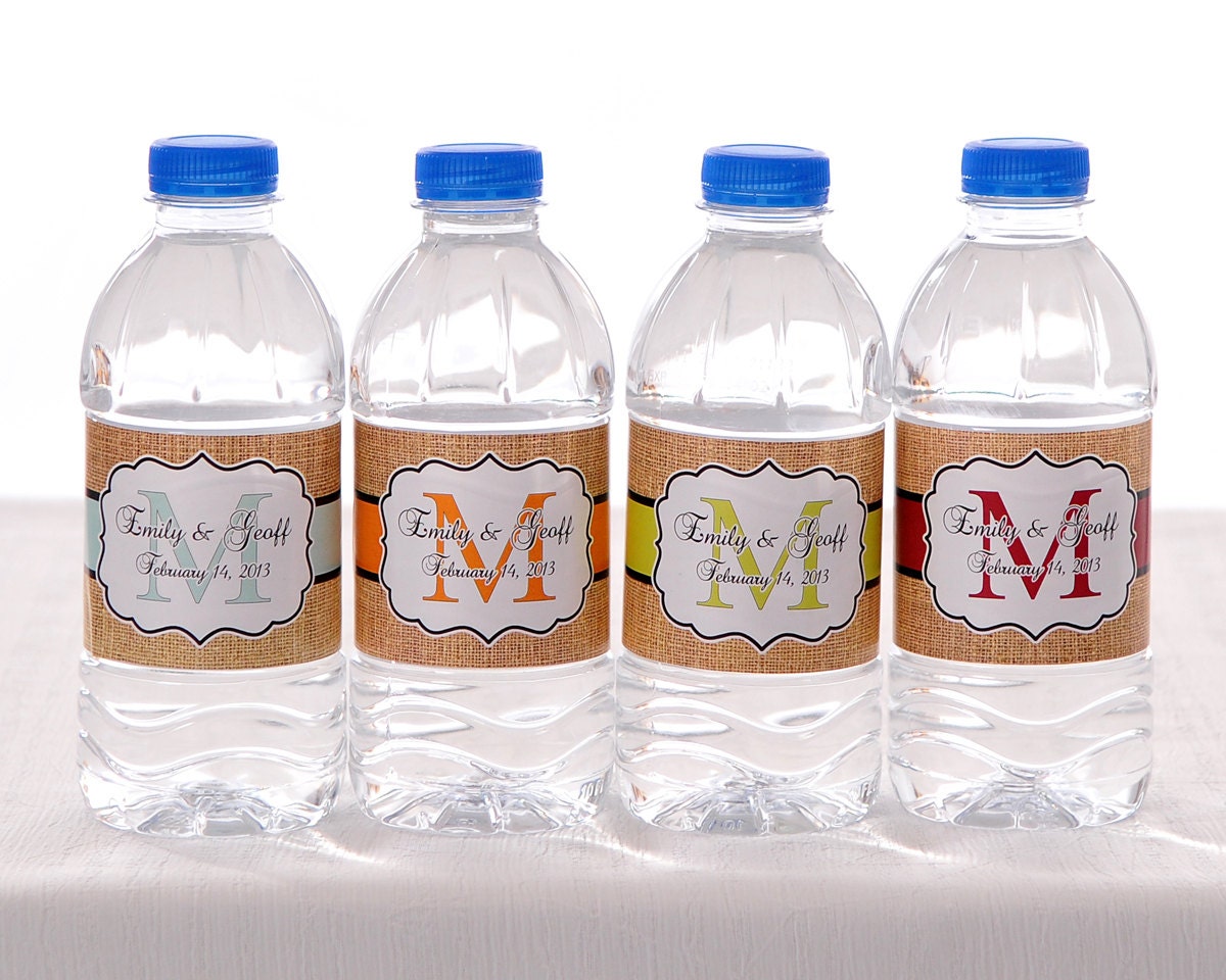 Burlap Wedding Water Bottle Labels - 100 Printed labels with your wedding colors Il_570xn