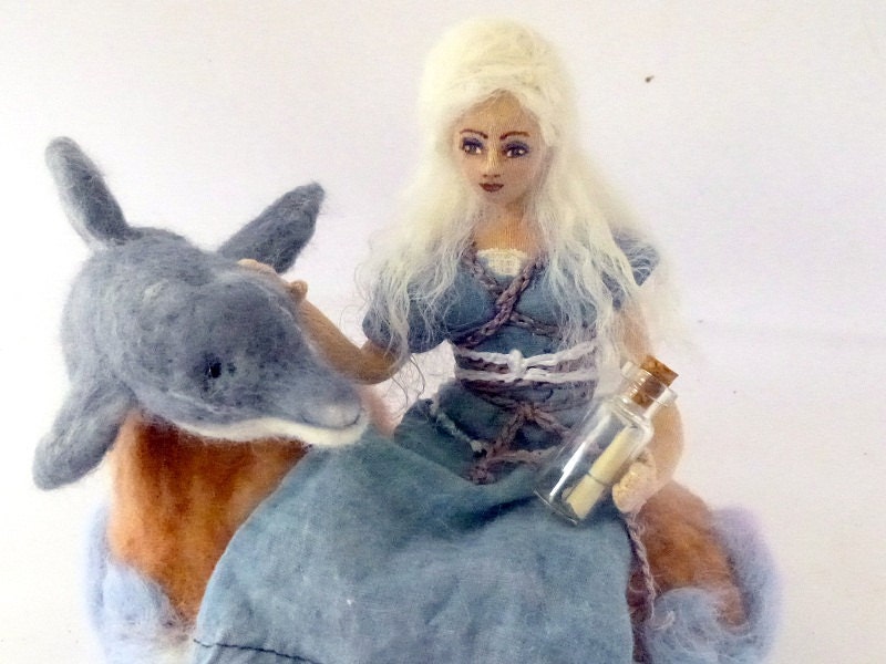 Between art doll cloth ocean girl needle felt dolphin message in a bottle soft sculpture