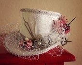 NEW -- Dusky Pink and White Steampunk Mini Top Hat -- Bridal Mini Top Hat -- Clock hands, Cogs, Clockwork - Victorian, Cosplay, Goth