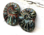 Nautilus Czech beads, Black Picasso glass seashell, ammonite fossil, large - 14x17mm - 4Pc - 522