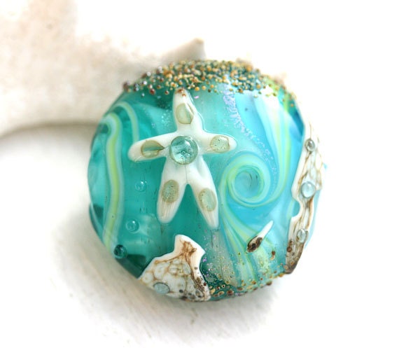Lampwork bead, teal green, aqua blue Beach, glass lentil, 25mm - SRA - by MayaHoney, L001