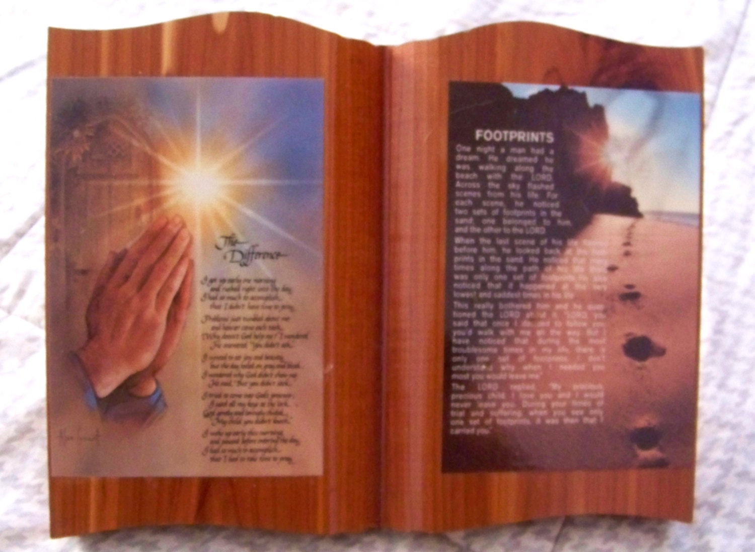 Vintage Religious Wooden Tabletop Open Book of The Prayer "The Difference" and "Footprints" Easter Gift
