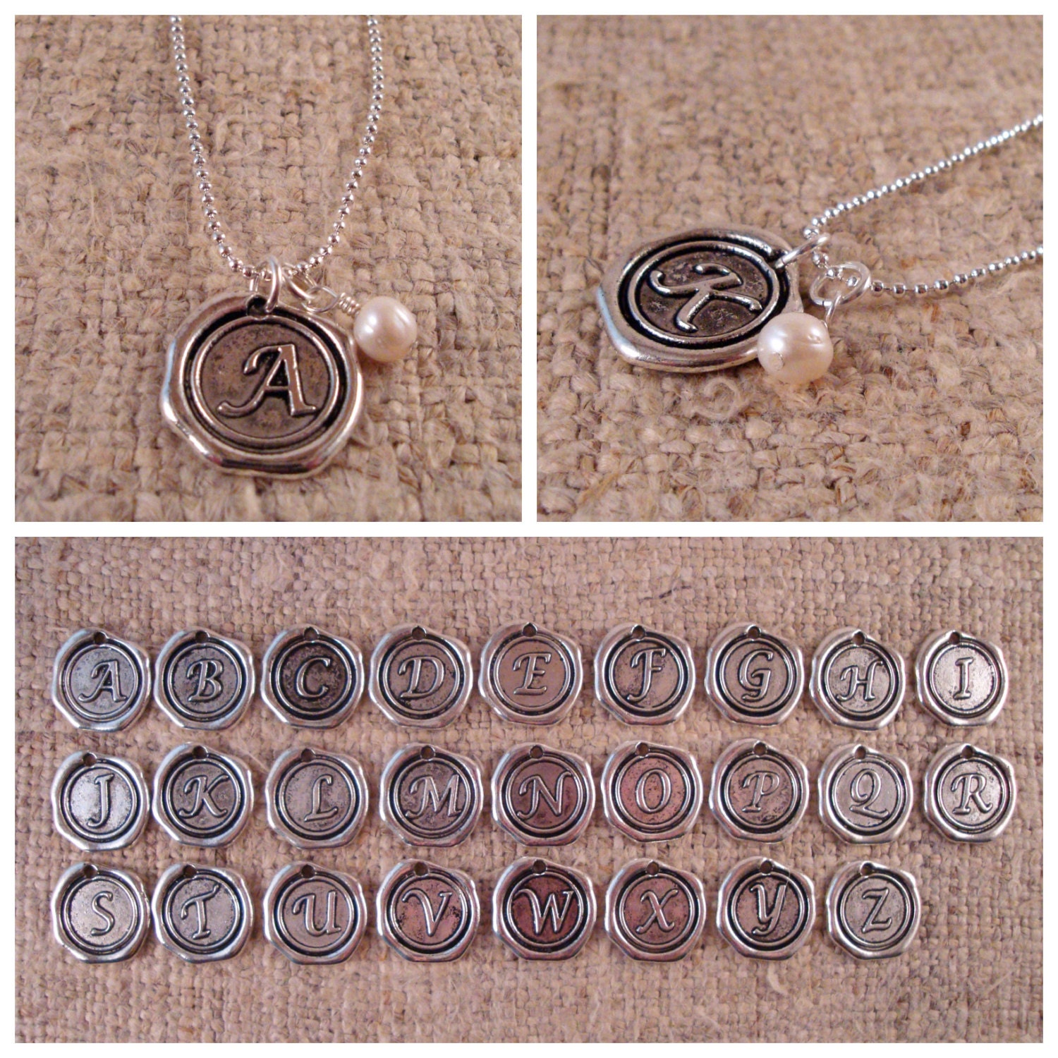 Vintage Inspired Wax Seal Initial Necklace with Freshwater Pearl