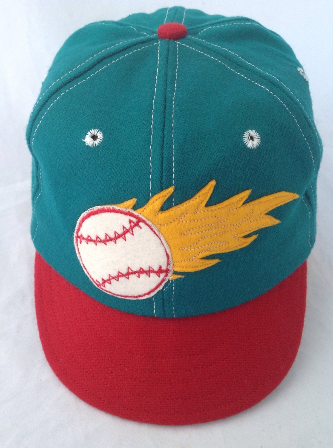 Flaming Ball Wool flannel Baseball cap, vintage 1910s  visor, 6 panel crown with cotton sweatband.