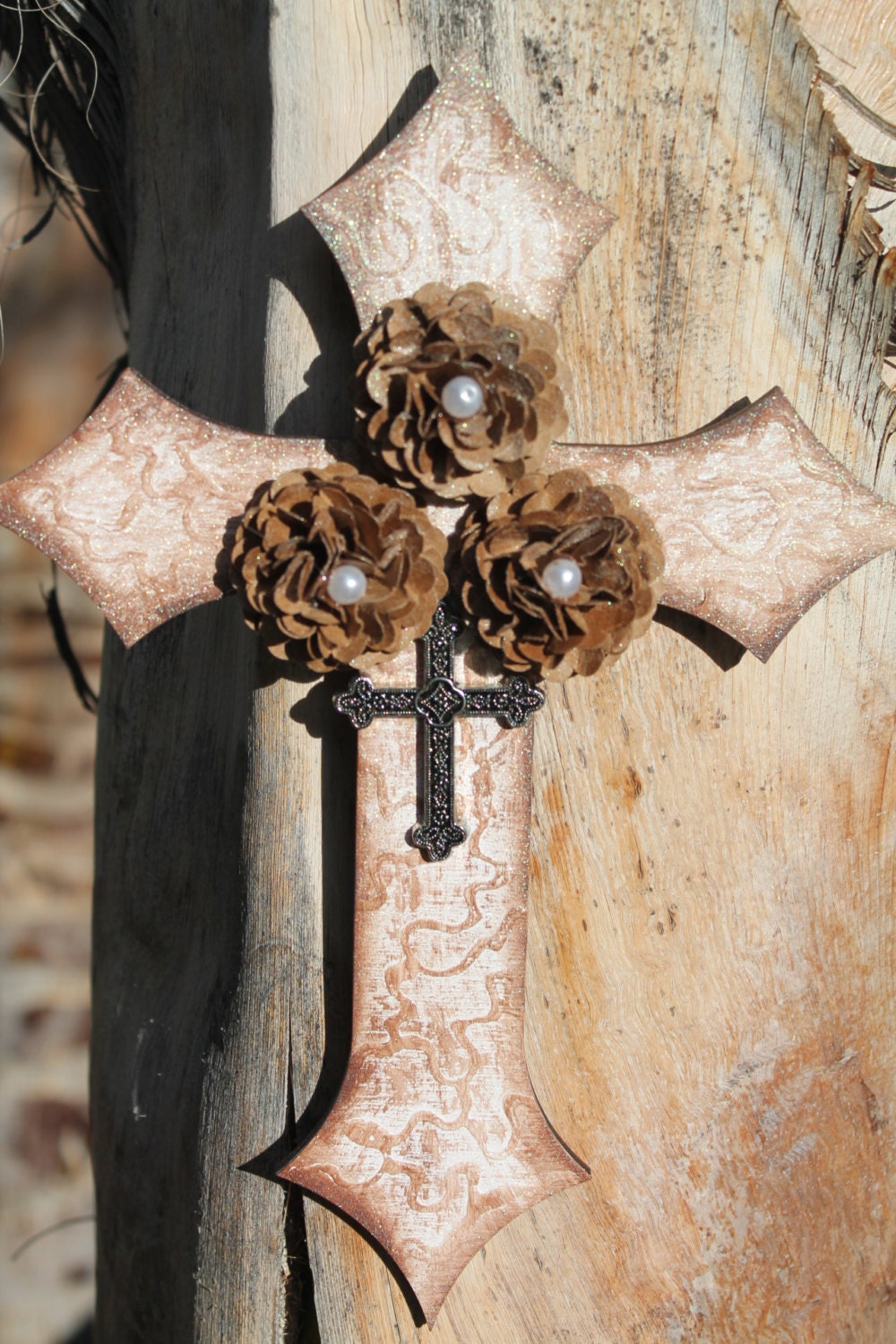 Cross....Home Decor..Antique White and Brown..Stacked Crosses..Valentine Gift...Cross Collector