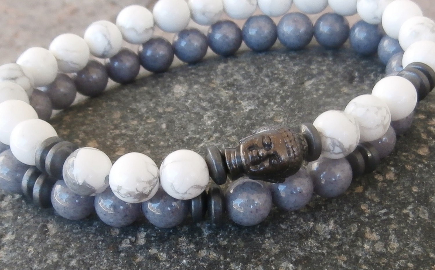 Mens Howlite Buddha, Agate & Hematite mala set- Meditation bracelet, Mens bracelets, yoga set, Reiki Charged, free shipping