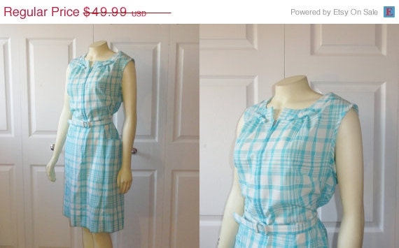 SALE Vintage Dress Rockabilly 50s 60s Glenbrook Penn- Prest Aqua & White Plaid Metal Zipper 18 1/2 P Modern Large to Extra Large