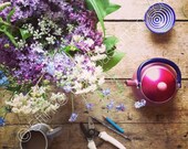 Limited Edition Signd Print of The Table, " Lilac Tea Time", featuring Lilacs, Cow Parsley and Forget-Me-Nots with a Pink Tea Pot.