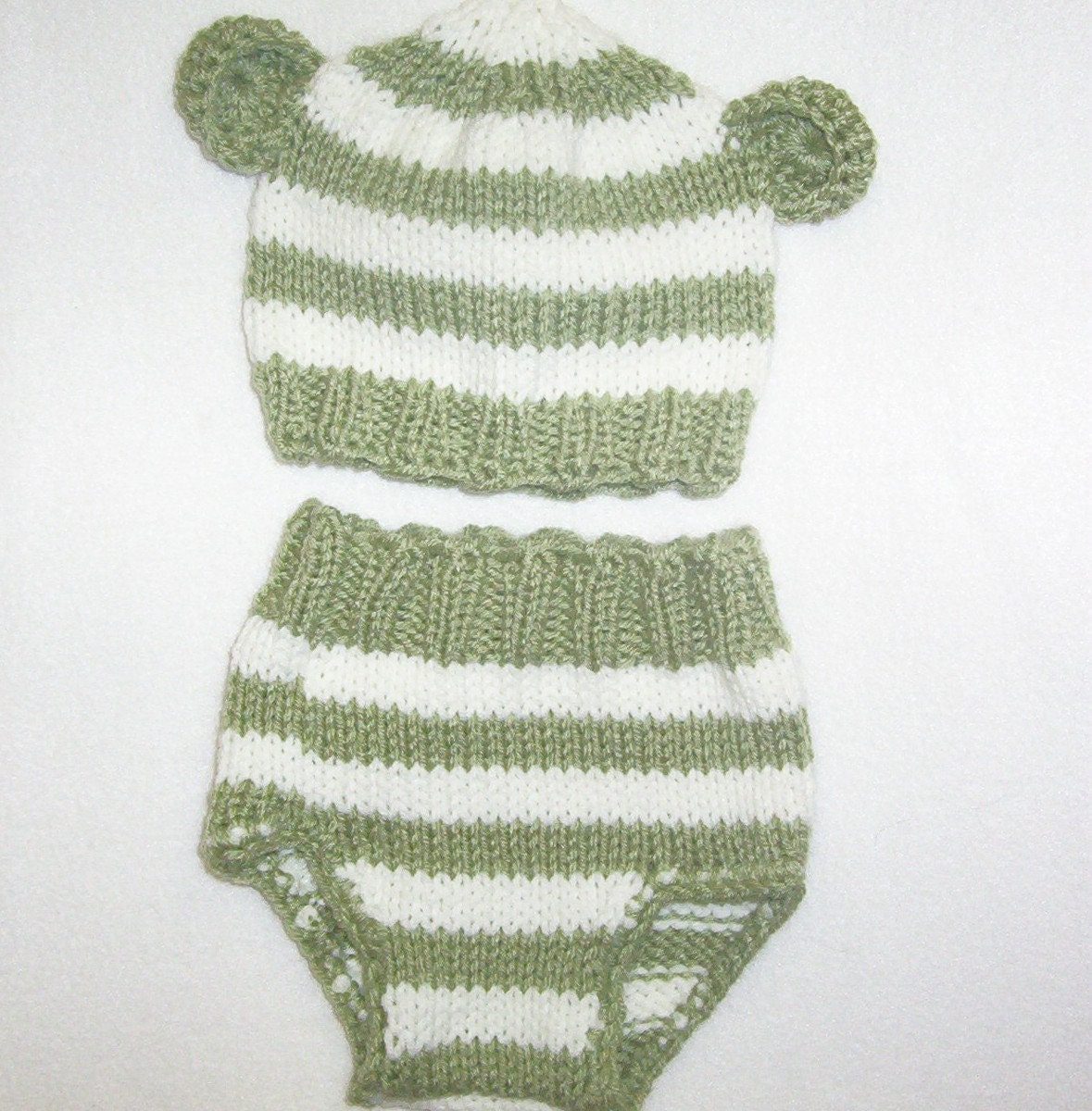 In Stock New Item Striped Bear Pixie Hat Diaper Cover Set - Sage White - Or Any Color  - Cute Baby Gift or Photo Prop