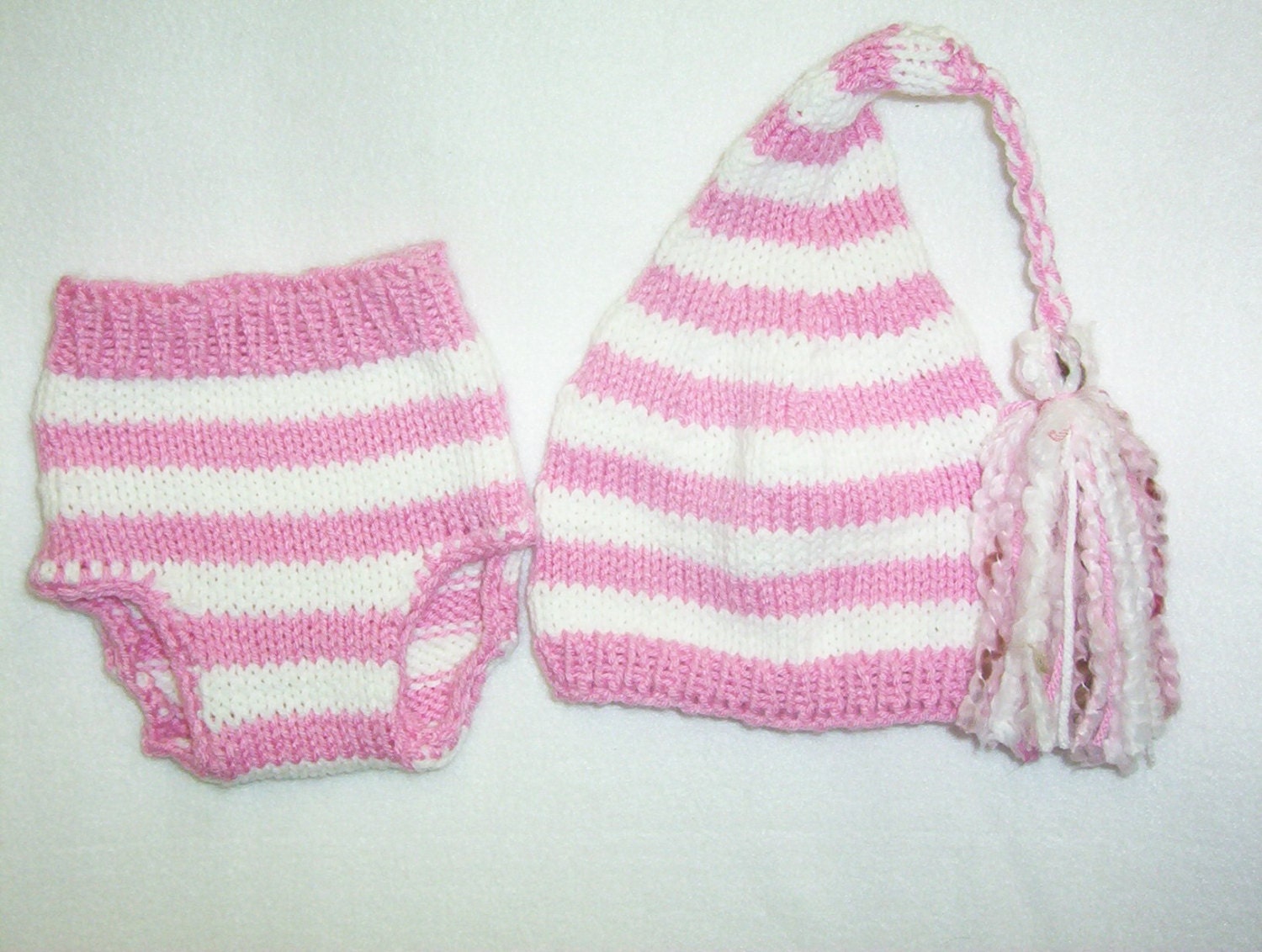 In Stock New Item Striped Elf Hobbit Munchkin Pixie Hat Diaper Cover Set - Pink White - Or Any Color  - Cute Baby Gift or Photo Prop