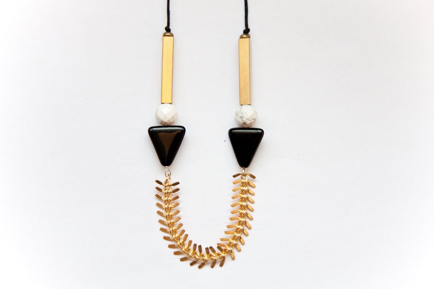 LAST ONE Geometric, tribal, long necklace, gold chain, black triangle glass beads, white, grey beads, rectangular brass beads, black cord