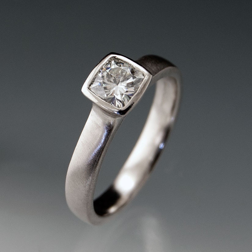 Moissanite Bezel Set Cushion Solitaire Engagement Ring in Palladium - Alternative Engagement Ring