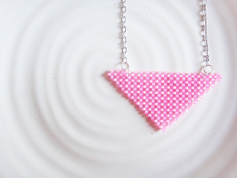 Neon Pink Triangle Pendant Long Necklace, Seed Bead Jewelry, Geometric Jewelry,Friendship Jewelry,Best Friend Jewelry,Minimalist Necklace