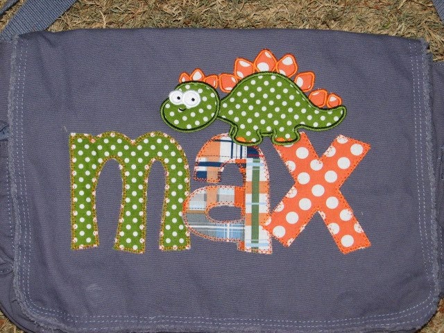 Dinosaur Applique Diaper Bag- Purple, Pink, and Brown Raw Edge Messenger Bag- Gender Neutral- Personalized Name and Owl Applique