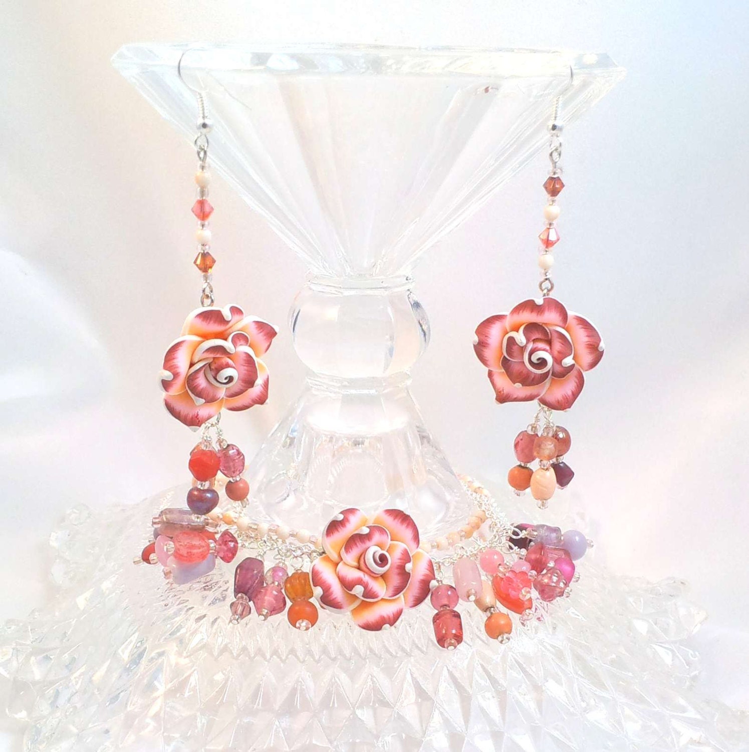 Handmade One of a Kind Romantic Swarovski Crystal Glass Beads Polymer Clay Flower Beaded Bracelet and Earrings Jewelry Set, Fast Shipping