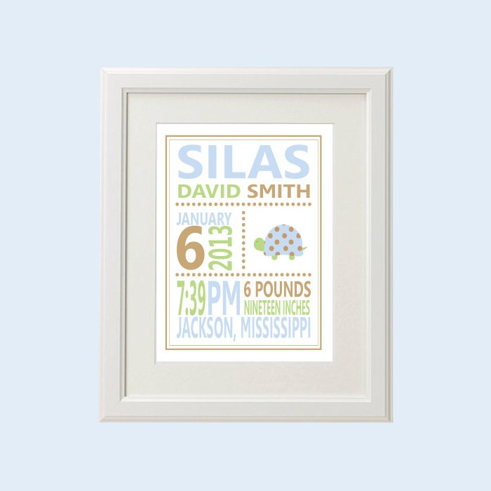 8x10 Personalized Turtle Birth Stats Print (More Colors & Sizes Available)