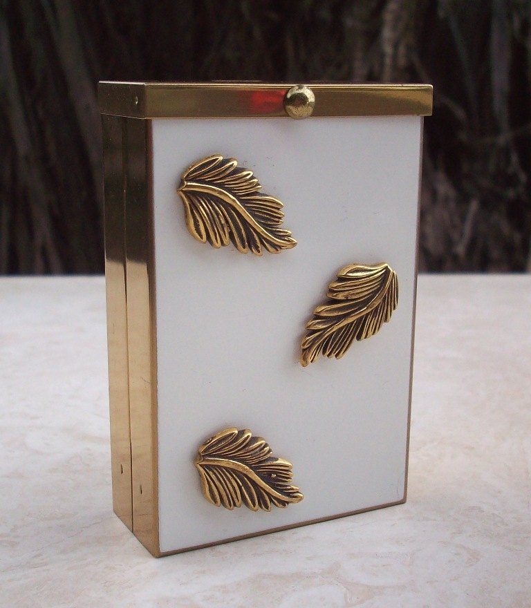 Vintage Art Deco Brass and Enamel Cigarette Case  with Carved Brass Leaves Circa 1930's 1940's