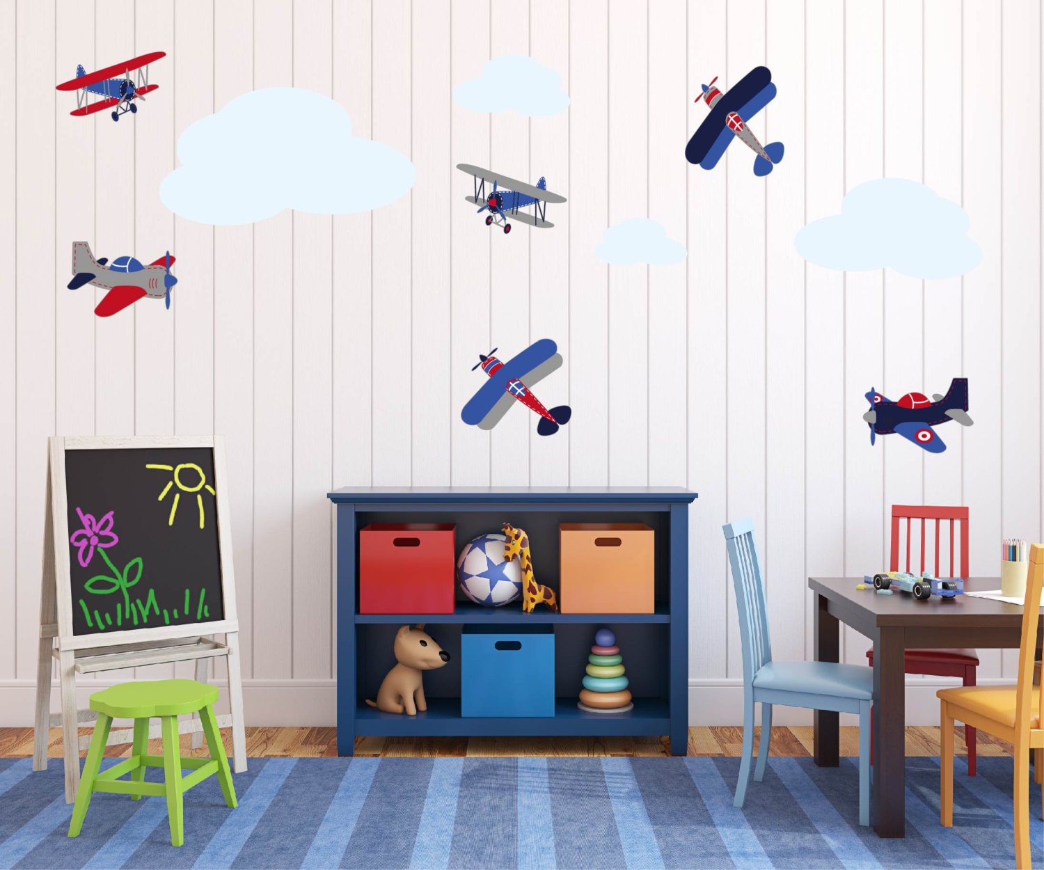 Kids childrens vinyl wall decal Vintage AirPlanes set of 6 and 4 clouds Great for boy nursery